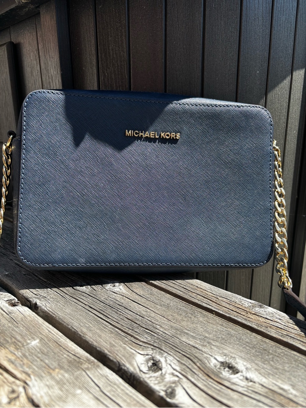 Michael Kors Dark Blue Saffiano Leather Crossbody with Gold Chain